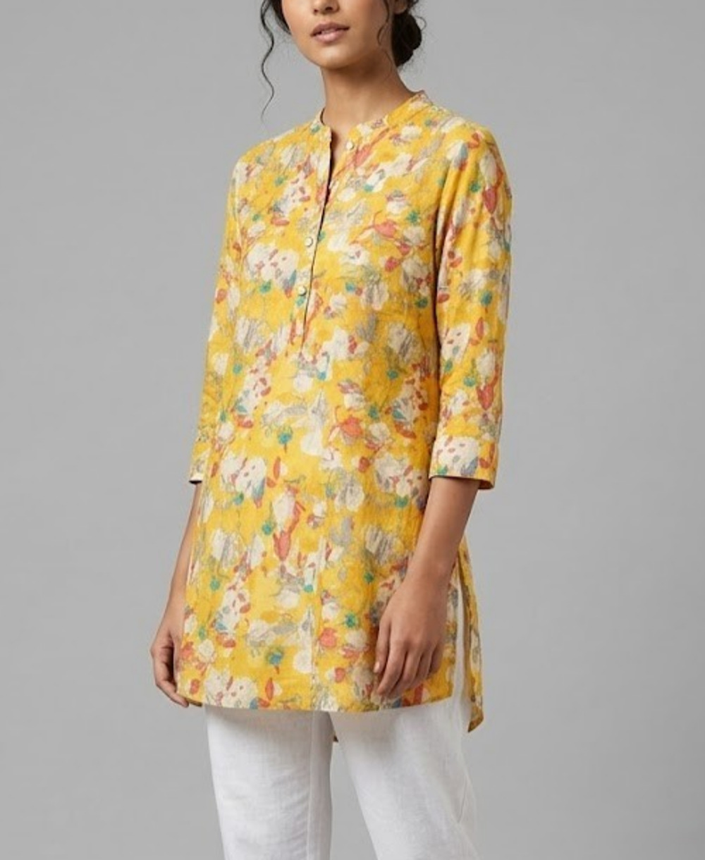 Libas Yellow Floral Tunic Top L Cotton Blend Kurti Kurta 3/4 Sleeve Indian Boho